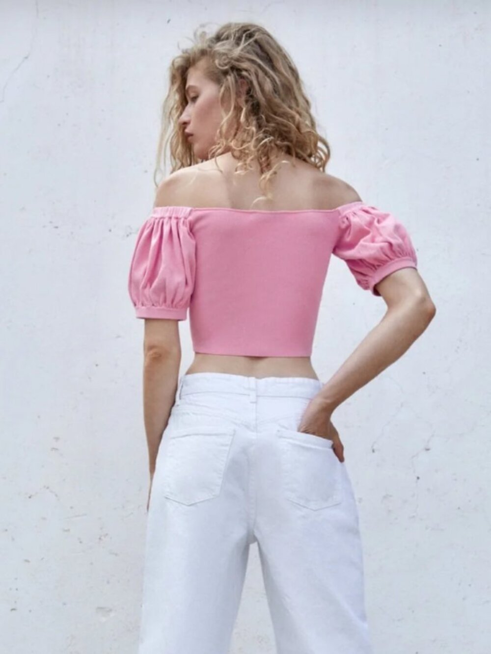 NWOT Zara Pink Puff Sleeves Off the Shoulder Knit Top Ref. 8689/102/620 Sz XS